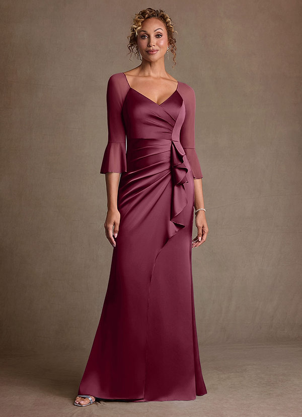 Azazie Nampa 신부의 어머니 드레스 쉬스 주름진 망사 플로어 길이 드레스 image1