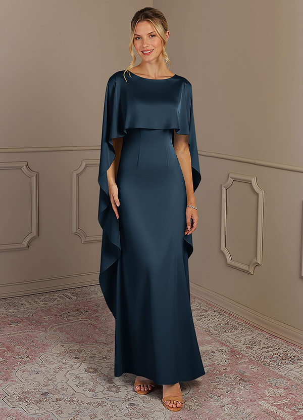 Azazie Eli Mother of the Brides Dresses Dark Navy Sheath Boatneck Stretch Satin Dress image1