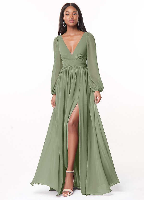 Azazie Norah Abiti da Damigella Abito A-Line in Chiffon con Maniche lunghe e Scollo a V Pistacchio image1