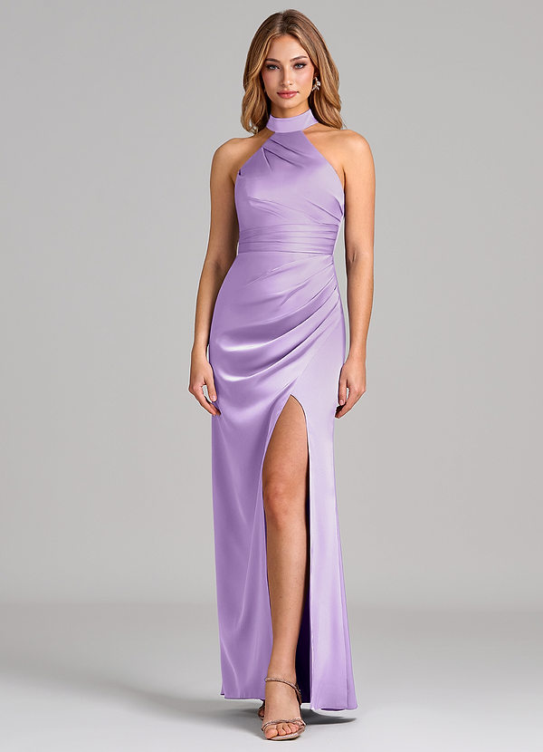 Azazie Karlotta Bridesmaid Dresses Lilac Sheath Pleated Stretch Satin Dress image1