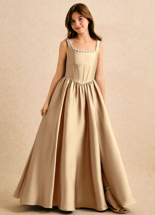 Azazie Enid Girls Formal Kukkaistyttöjen mekot A-linja Helmillä koristeltu Joustava satiini Lattian pituus Pukeutua image1