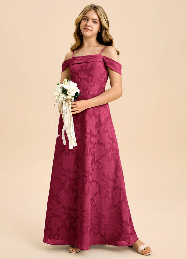 Azazie Anselie Junior Burgundy A-Line Off the Shoulder Floral Burnout Dress image1