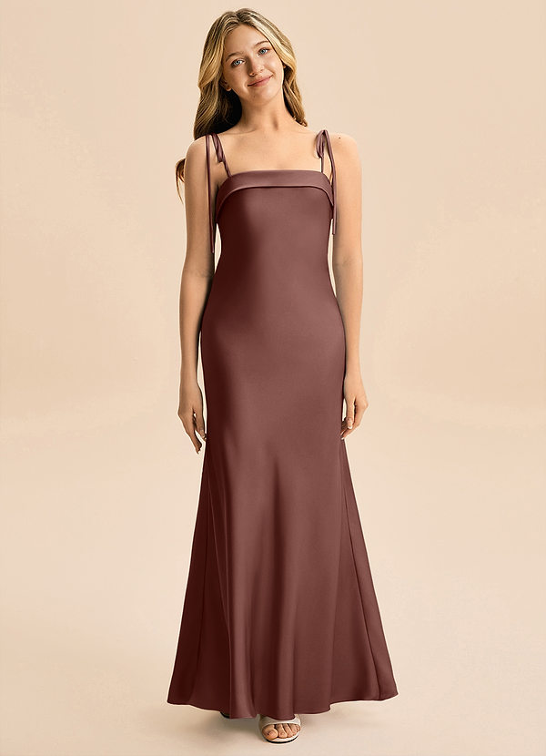 Azazie Willa Junior Vestido de Expresado de Satén Elástico de Corte en A con Lazo image1