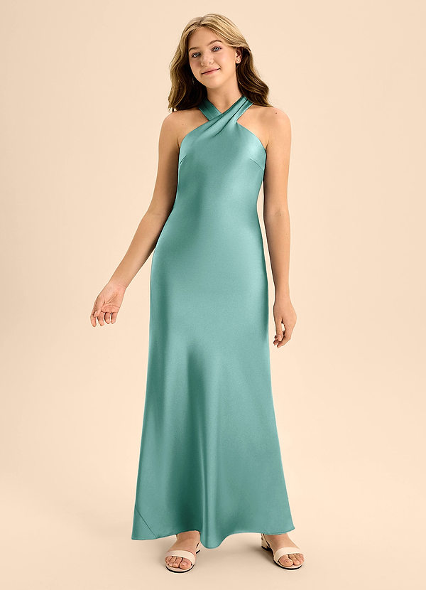 Azazie Doretta Junior Aqua A-Line Pleated Stretch Satin Dress image1