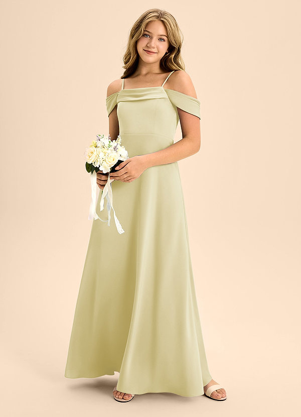 Azazie Anselie Junior Lemon Sorbet A-Line Off the Shoulder Stretch Satin Dress image1
