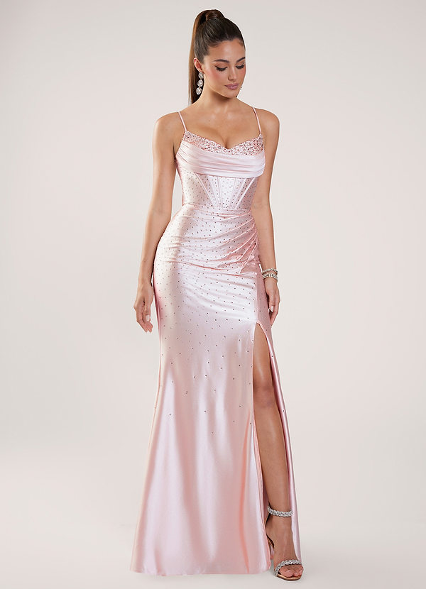 Nogolla Vaaleanpunainen Helmillä koristeltu strassijousteinen satiinivanhojentanssimekko image1