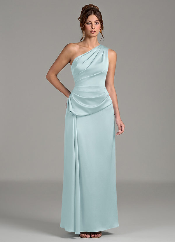 Azazie Zahira Bridesmaid Dresses Mist Sheath One Shoulder Stretch Satin Dress image1