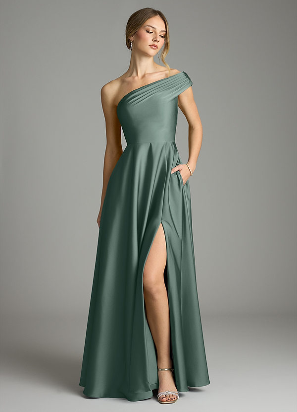 Azazie Melanie Suknie dla druhen Linia A Zza ramienia Satyna elastyczna Do ziemi Sukienka image1