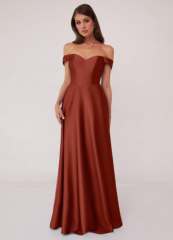 Barbie ♥ Azazie Bridesmaid Dresses Terracotta A-Line Off the Shoulder Stretch Satin Convertible Dress image1