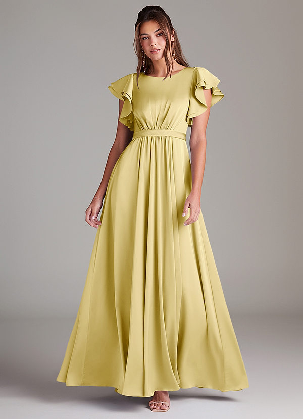 Azazie Daphne Modest Bridesmaid Dresses A-Line Ruched Stretch Satin Floor-Length Dress image1