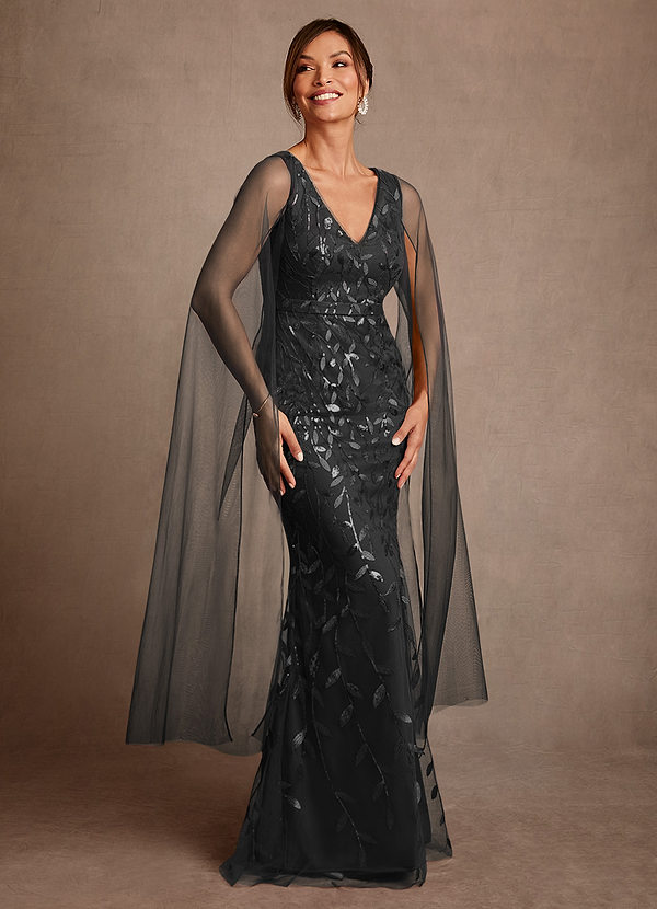 Azazie Arizona Vestidos de Madre de la Novia Vestido de Negro de Tul de Corte Recto con Encaje image1