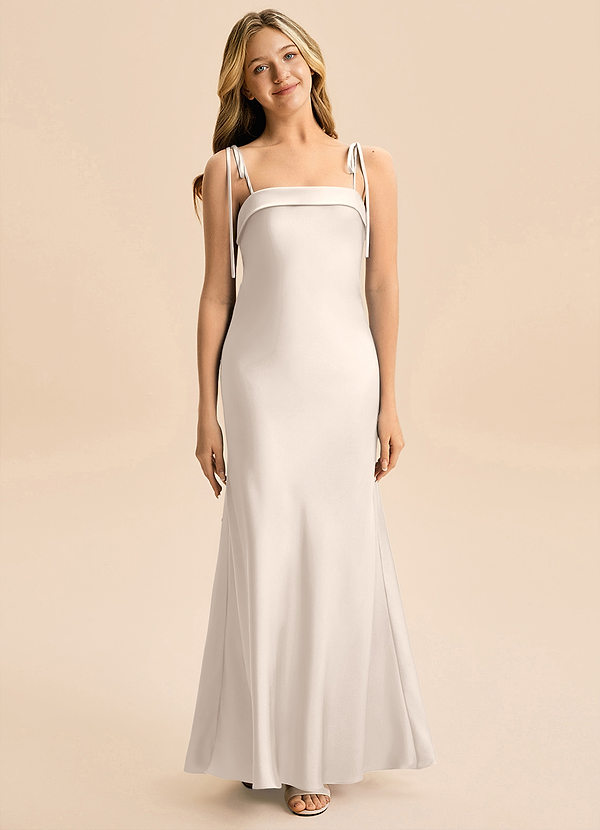 Azazie Willa Junior Vestido Alabastro Blanco de Satén Elástico de Corte Sirena con Lazo image1