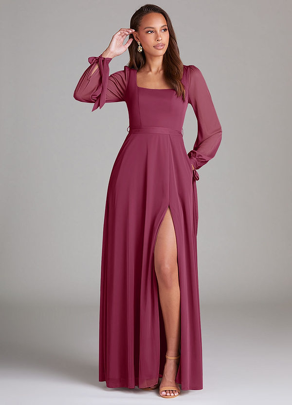 Azazie Leonia Brautjungfernkleider A-Linie Langarm Gittergewebe Kleid Maulbeerrot image1