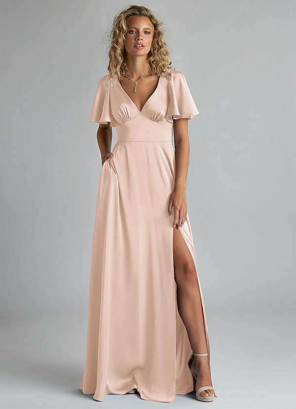 Azazie Kimber Bridesmaid Dresses Blushing Pink A-Line Ruched Stretch Satin Dress image1