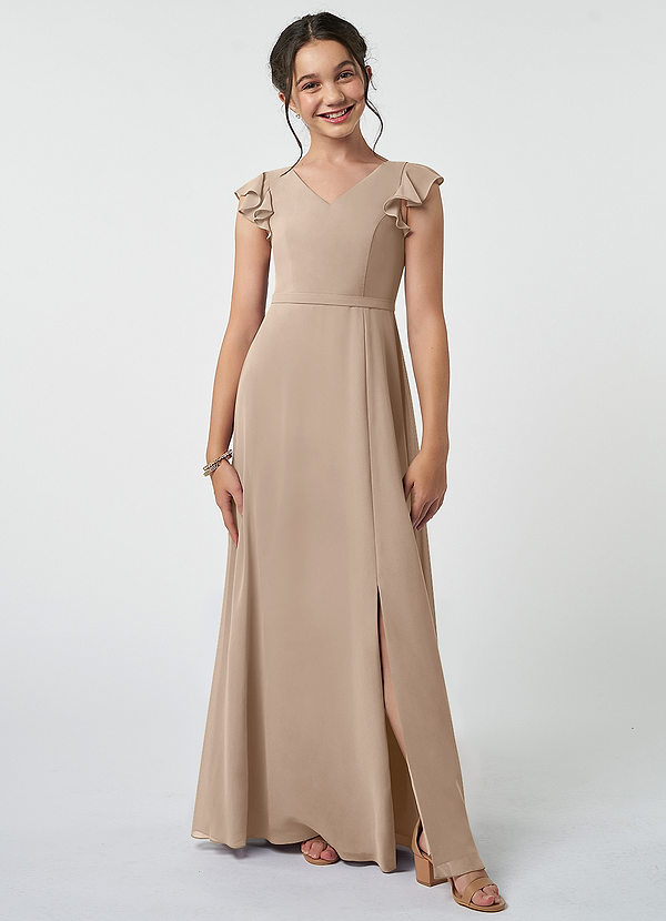 Azazie Claudine Junior Taupe A-Line Pleated Chiffon Dress image1