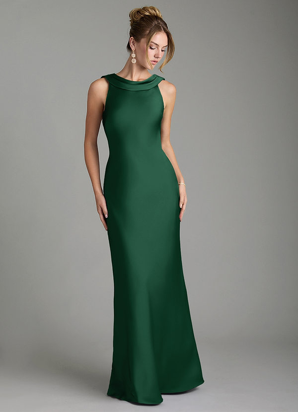Azazie Aussie Bridesmaid Dresses Dark Green Sheath Pleated Stretch Satin Dress image1