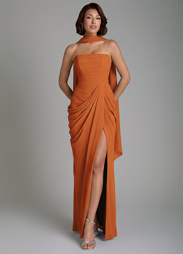 Azazie Nyra Robes de demoiselle d'honneur Robe Fourreau en Mousseline de soie Corset Cannelle image1