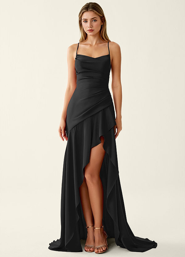 Annabella Rose Zwart Satijnen galajurk met vetersluiting op de rug image1