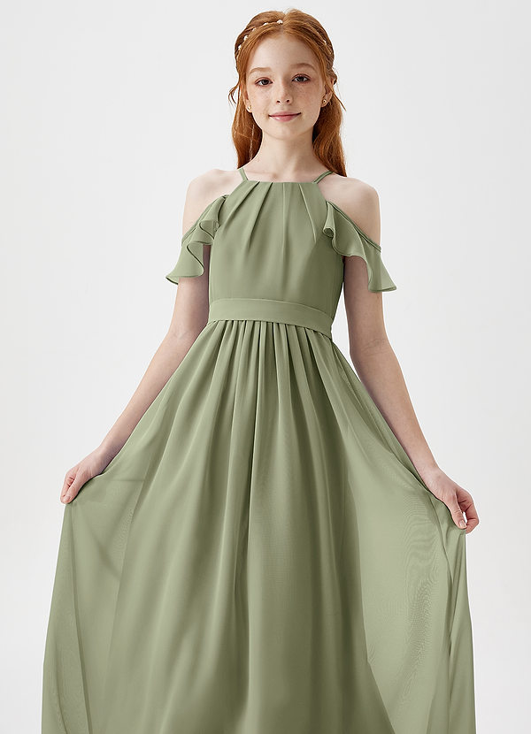 Azazie Chaya Junior Pistachio A-Line Off the Shoulder Chiffon Dress image1