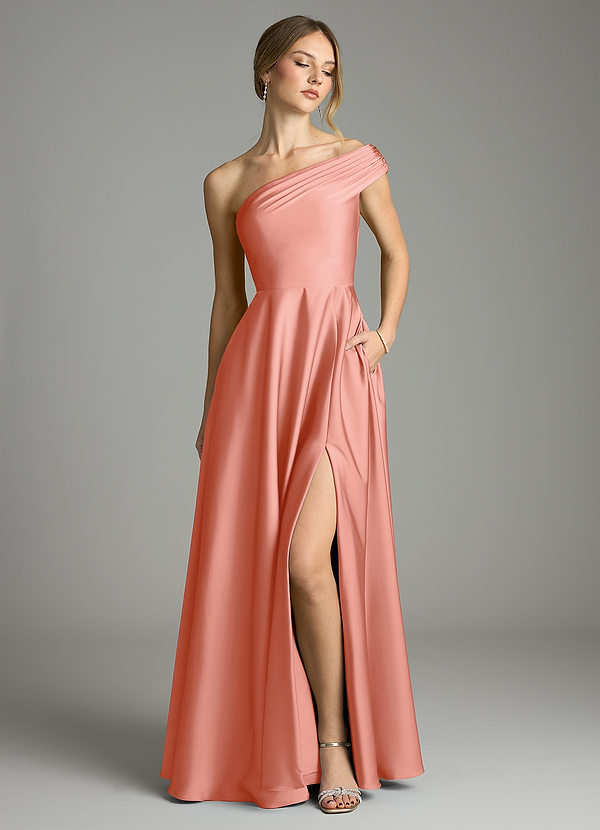 Azazie Melanie Suknie dla druhen Linia A Zza ramienia Satyna elastyczna Do ziemi Sukienka image1