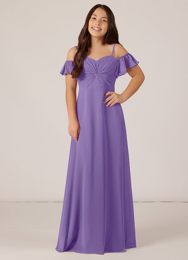 Azazie Juna Junior Robe Trapèze en Mousseline de soie Épaule décolletée Tahiti image1