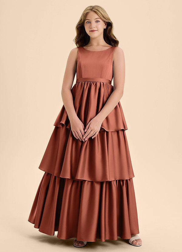 Azazie Meadowyn Junior Clay A-Line Bow Stretch Satin Dress image1