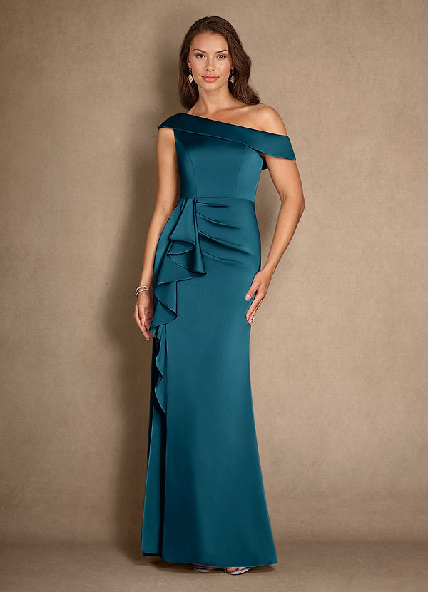 Azazie Hamptons Mother of the Bride Dresses Vestir Tinta Azul de Cetim elástico de Linha A com Plissado image1