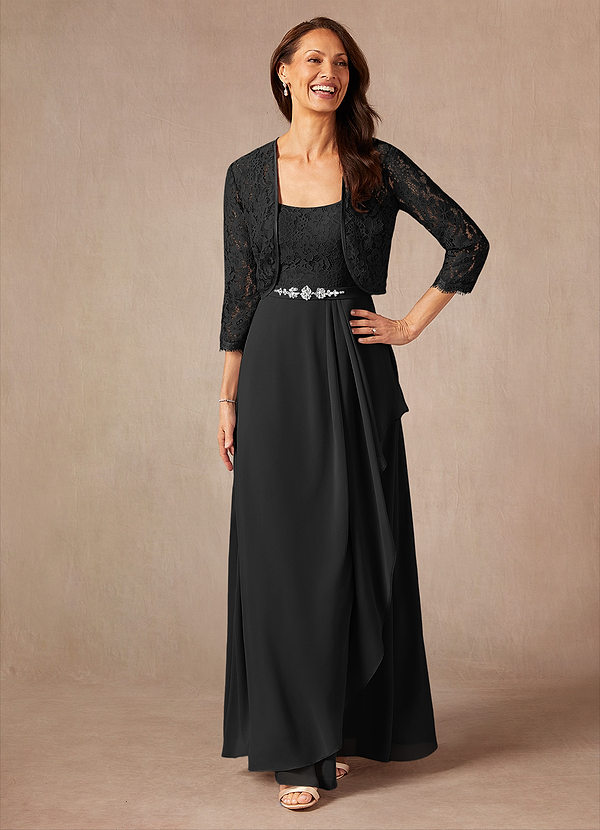 Azazie Ainsling Mother of the Bride Dresses Black A-Line Square Neckline Lace Chiffon Dress image1