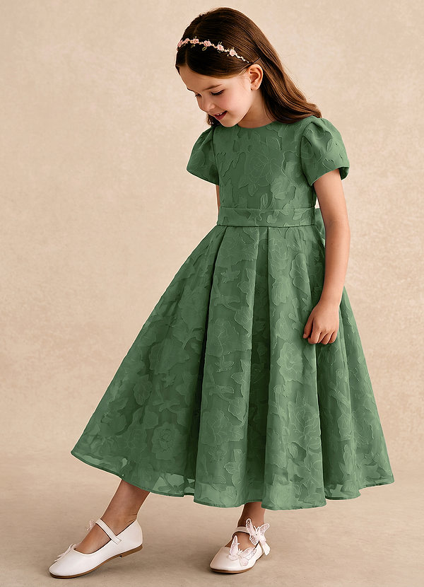 Azazie Princes Abiti da Damigella Bambina Abito A-Line in Burnout Floreale Plissettato Eucalipto image1