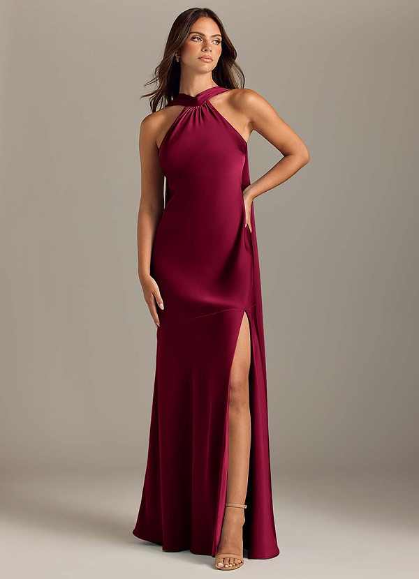 Azazie Kinsley Bridesmaid Dresses Burgundy Mermaid Side Slit Stretch Satin Dress image1