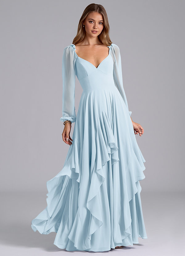 Azazie Karan Bridesmaid Dresses Sky Blue A-Line Long Sleeve Chiffon Dress image1