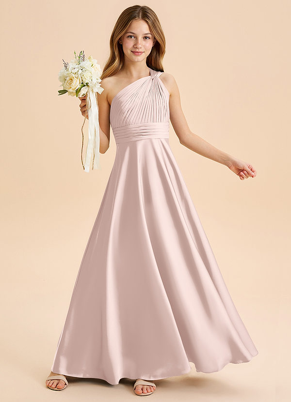 Azazie Charlize Junior Blushing Pink A-Line Pleated Stretch Satin Dress image1
