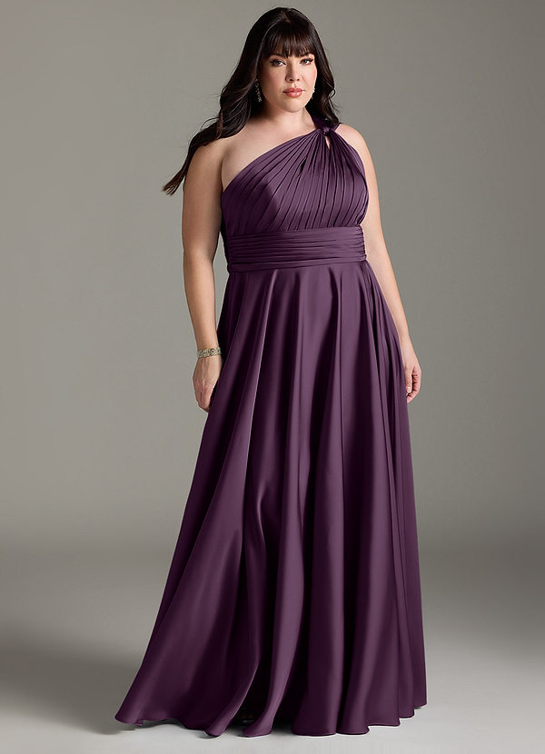 Azazie Charlize Bridesmaid Dresses Plum A-Line One Shoulder Stretch Satin Dress image1