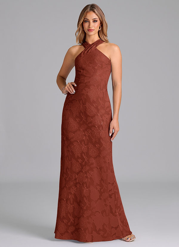 Azazie Doretta Bridesmaid Dresses Terracotta Mermaid Pleated Floral Burnout Dress image1