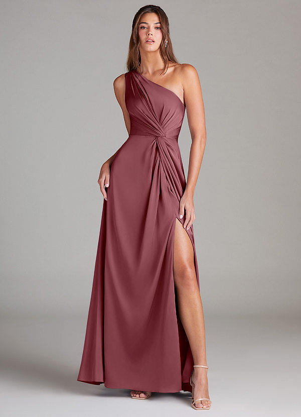 Azazie Brooke Bridesmaid Dresses Desert Rose A-Line One Shoulder Stretch Satin Dress image1