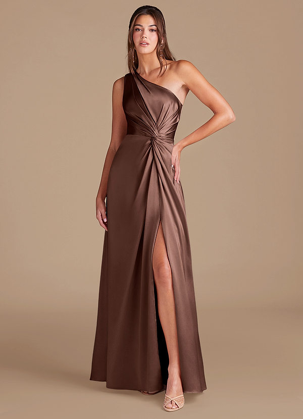 Azazie Brooke Bridesmaid Dresses Espresso A-Line One Shoulder Metallic Satin Dress image1