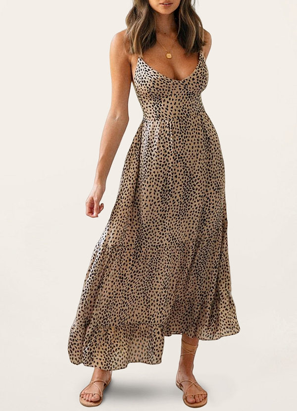 back Faire des mouvements Marron Robe longue imprimée