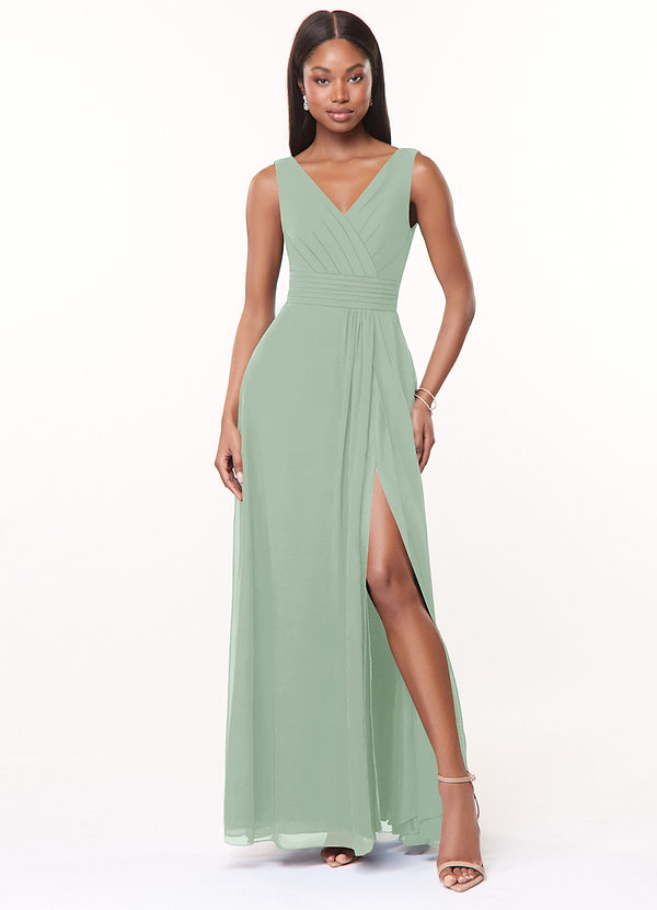 Azazie Karina Bridesmaid Dresses Agave A-Line Pleated Chiffon Dress image1
