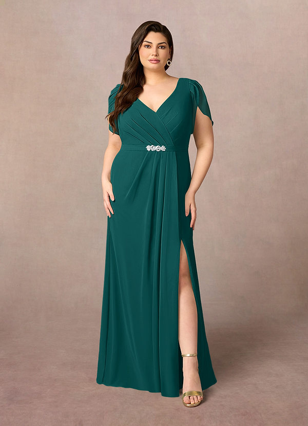 Azazie Marianne Mother of the Bride Dresses Peacock Sheath V-Neck Pleated Chiffon Dress image1