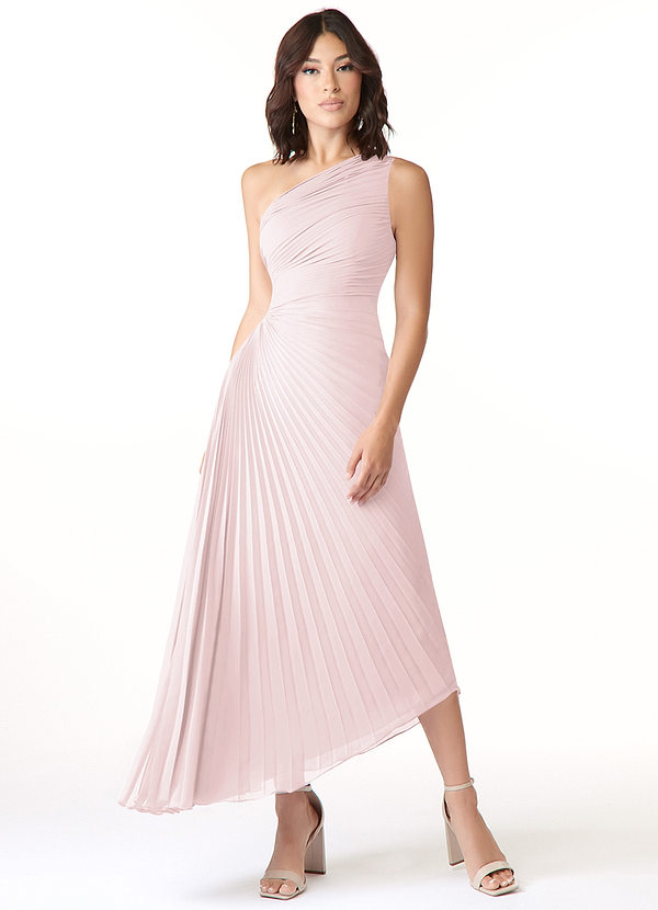 Azazie Kirra Bridesmaid Dresses Blushing Pink A-Line One Shoulder Chiffon Dress image1
