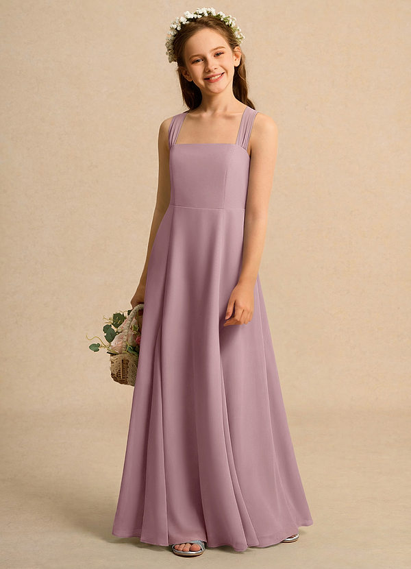 Azazie Tater Junior Formal Robes de Fillette d'Honneur Robe Trapèze en Mousseline de soie Plissée Rose Poussiéreuse image1