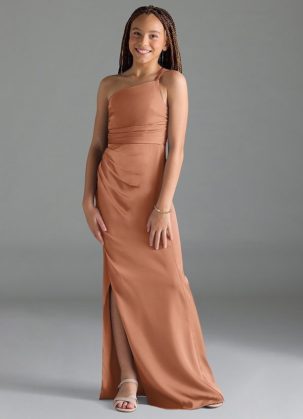 Azazie Eren Junior Bronzer Sheath Pleated Stretch Satin Dress image1