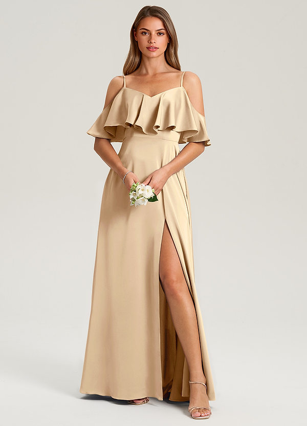 Azazie Jean Bridesmaid Dresses Champagne A-Line Off the Shoulder Stretch Satin Dress image1