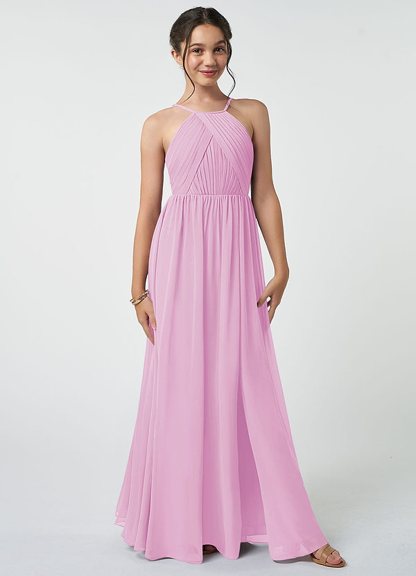 Azazie Leighton Junior Vestido de Rosa Caramelo de Gasa de Corte en A con Plisado image1