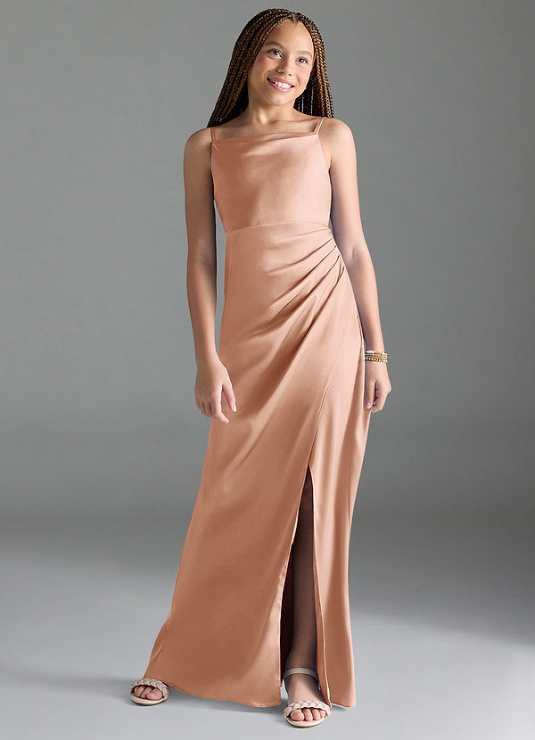Azazie Leonis Junior Rose Gold A-Line Pleated Stretch Satin Dress image1