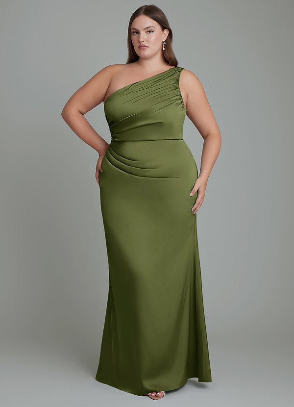 Azazie Akilah Brudtärneklänningar Klänning av Sjöjungfru i Stretch Satin One-shoulder Oliv image1