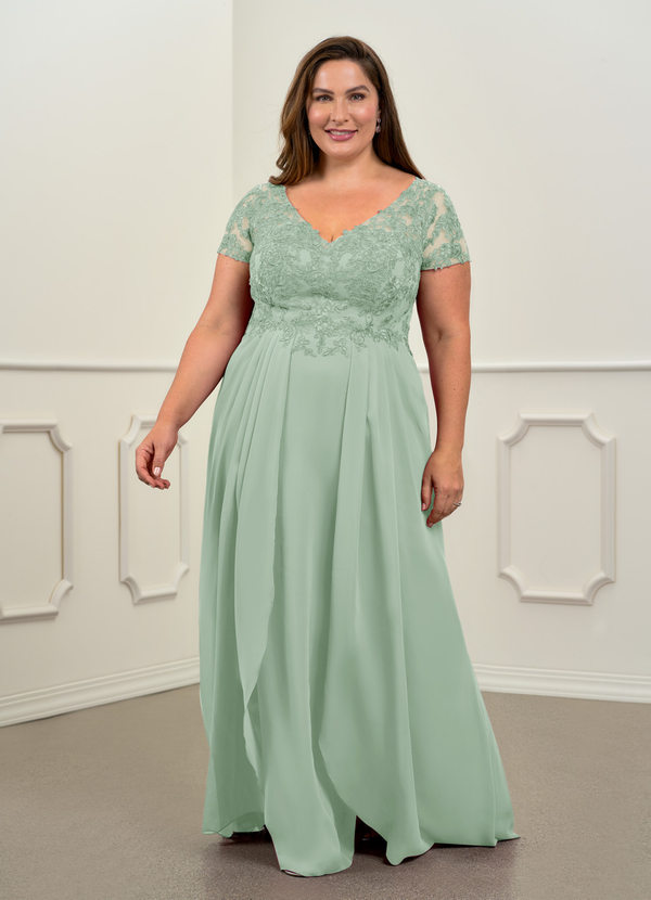 Azazie Dunja Mother of the Brides Dresses Agave A-Line V-Neck Lace Chiffon Dress image1