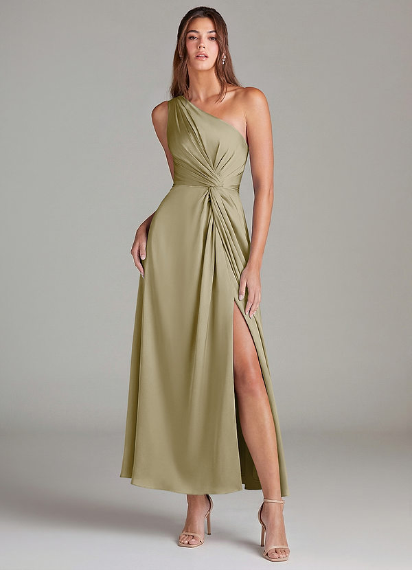 Azazie Brooke Suknie dla druhen Linia A Jedno ramię Satyna elastyczna Długość kostki Sukienka image1