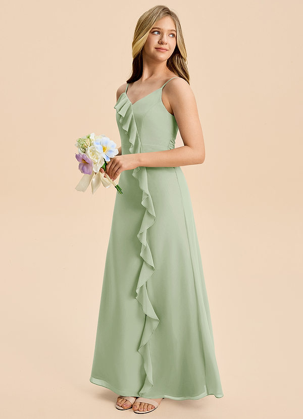 Azazie Iris Junior Dusty Sage A-Line Ruched Chiffon Dress image1