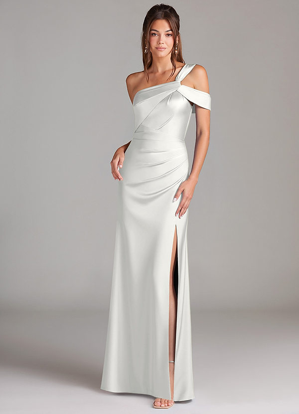 Azazie Wynter Bridesmaid Dresses White Sheath One Shoulder Stretch Satin Dress image1